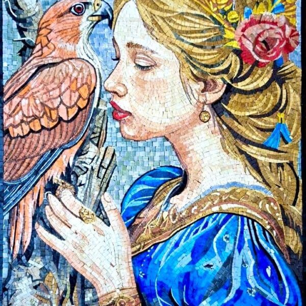 Handmade Stone Mosaic Wall Art - Regal Woman with Falcon, Crown & Rose - Luxury Medieval Style Mosaic - Home Decor - Indoor/Outdoor