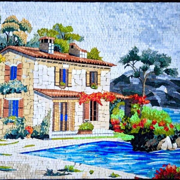 MOSAIC WALL ART - Handmade from Natural Stone & Marble - Mediterranean Villa by the Sea with Garden - Indoor/Outdoor Decor - Custom Sizes
