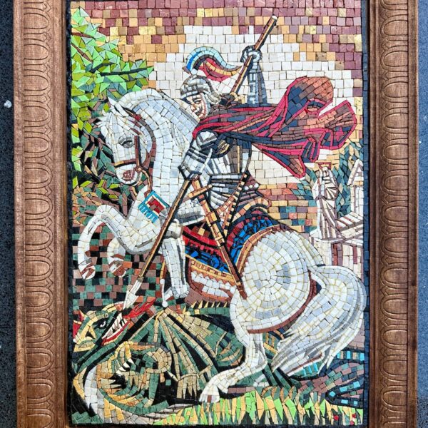 FRAMED Saint George and the Dragon Mosaic - Handmade Religious Wall Art, Christian Warrior Icon, Stone and Marble, Ready to Hang