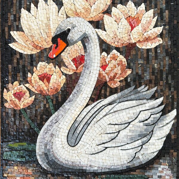 Elegant Swan Mosaic Wall Art - Handmade Stone Mosaic with White Lotus Flowers, Luxury Home Decor, Bathroom, Pool, or Garden Artwork