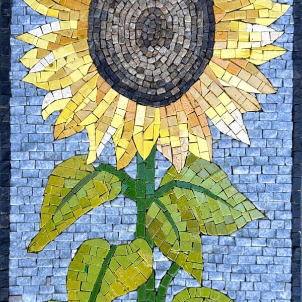 Handmade Sunflower Mosaic - Natural Stone and Marble Artwork, Bright Yellow Floral Decor for Living Room or Kitchen, Rustic Wall Art