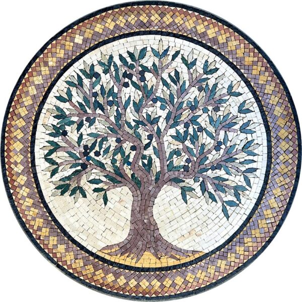 Olive Tree Mosaic Medallion - Handmade Natural Stone Art, Floor & Wall Home Decor,  Indoor/Outdoor, Sizes Available