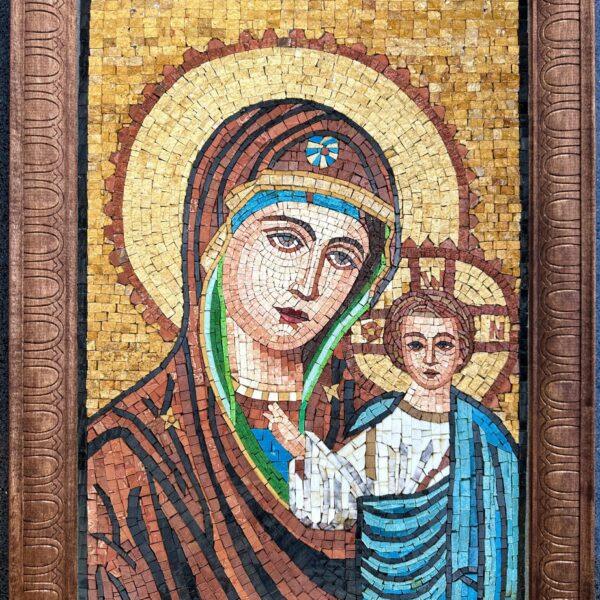 Virgin Mary & Child Jesus Mosaic FRAMED - Handmade Religious Wall Art, Sacred Chapel Decor, Stone and Marble