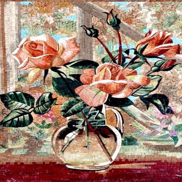 Roses in a Vase - Handmade Mosaic Art, Stone & Marble Wall Decoration, Indoor/Outdoor Decor