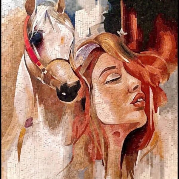 Woman and Horse Mosaic - Modern Figurative Wall Art Handmade from Stone & Marble, Elegant Equestrian Decor