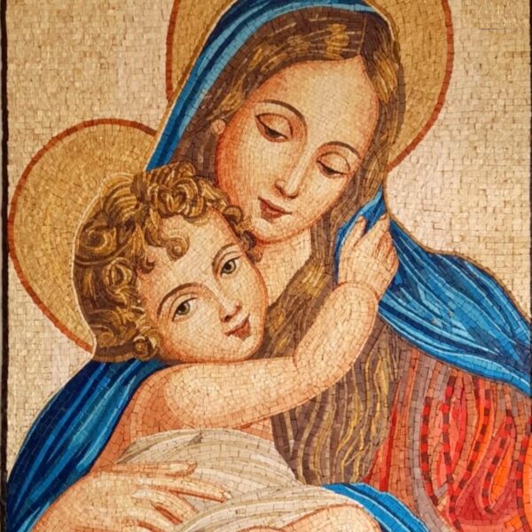 Virgin Mary and Child Mosaic Art - Natural Stone Religious Handmade Wall Art, Byzantine Style Christian Icon