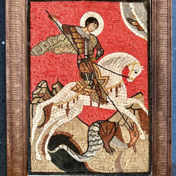 WITH FRAME Saint George Defeating the Evil Dragon - Handmade Christian Mosaic Wall Art - Stone & Marble Home Decoration