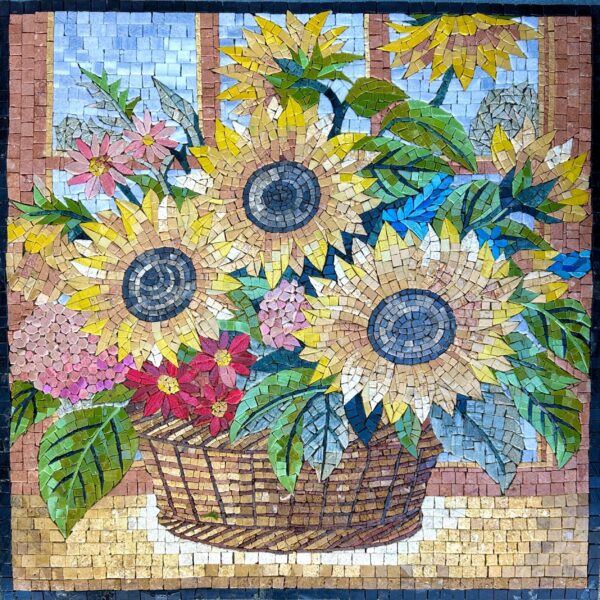 Handmade Sunflower Mosaic Wall Art - Natural Stone Floral Basket, Colorful Flower Mosaic for Kitchen or Living Room, Mediterranean Decor
