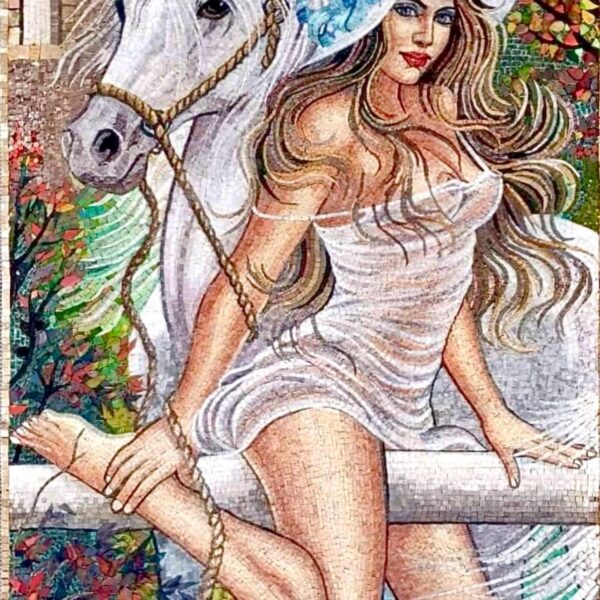 Woman with White Horse Mosaic - Contemporary Handmade Stone & Marble Artwork, Elegant Equestrian Wall Art, Unique Decor