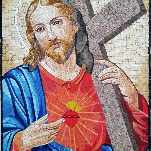 Sacred Heart of Jesus with Cross Mosaic - Religious Handmade Wall Art for Home or Church - Vibrant Colors - Stone and Marble - Custom Sizes