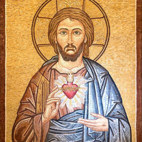 Sacred Heart of Jesus Religious Mosaic - Stone & Marble Handmade Wall Art - Warm Colors - Custom Sizes - Mosaic Tile Art
