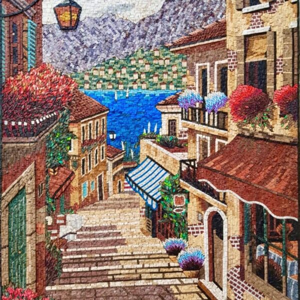 Italian Street & Lake Como Handmade Stone Mosaic Art - Mediterranean Village Wall Decor, Marble Tesserae