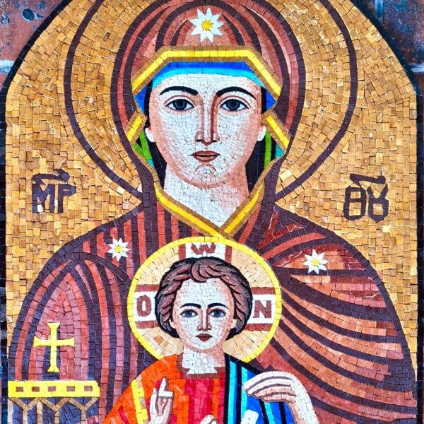 Virgin Mary & Christ Child Handmade Stone Mosaic- Byzantine Theotokos Icon - Christian Wall Art - Religious Decor - Arch or Rectangle