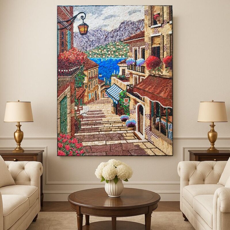 Italian Street & Lake Como Handmade Stone Mosaic Art