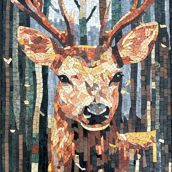 Stag Mosaic Art Panel – Handmade Stone Deer Mosaic, Marble Wildlife Wall Art, Rustic Luxury Home Decor, Any Size