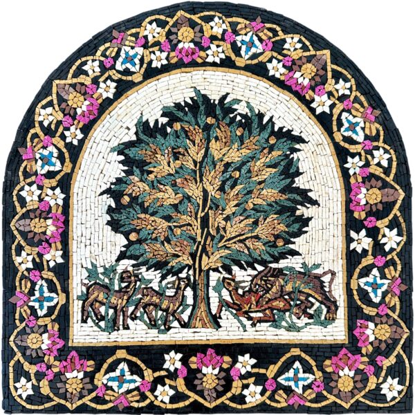 Tree of Life Mosaic Art - Handmade Stone Mosaic with Deer & Lion, Byzantine Inspired Wall Art Decor, Indoor/Outdoor, Sizes Available