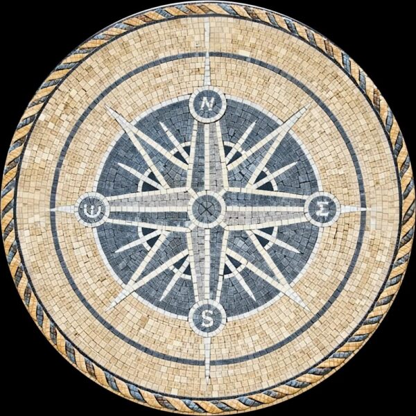 Handmade Compass Stone Mosaic - Nautical Round Floor Medallion - Mosaic Tile Art - Home Decoration - Indoor/Outdoor - Custom Sizes