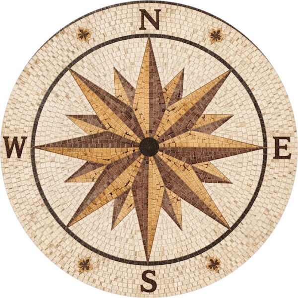 Round Compass Mosaic Art - Handmade Floor Medallion - Stone & Marble - Interior Home Decoration - Indoor/Outdoor - Custom Sizes
