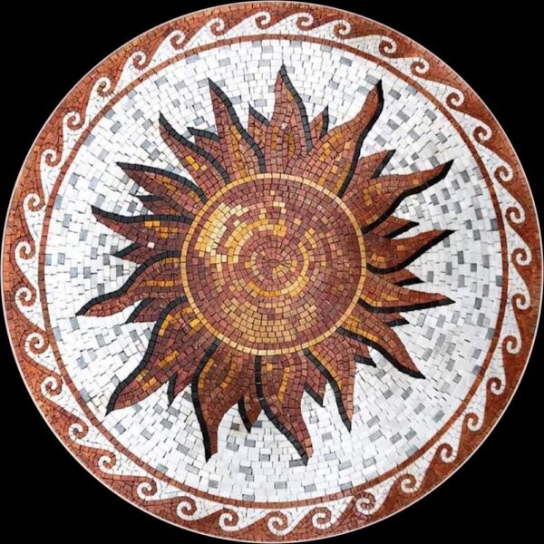 Round Sun Mosaic Medallion - Handmade Natural Stone Art, Floor & Wall Home Decor,  Indoor/Outdoor, Sizes Available
