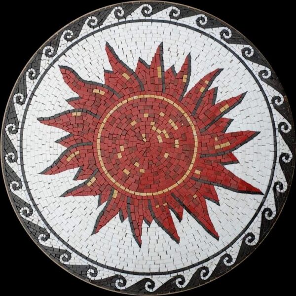 Red Sun Mosaic Medallion - Round Handmade Natural Stone Art, Floor & Wall Home Decor,  Indoor/Outdoor, Sizes Available