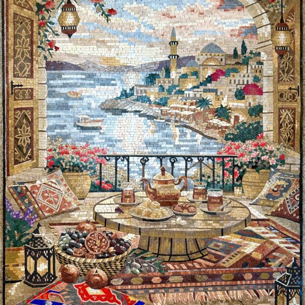 Mediterranean Balcony Mosaic Art - Coastal Harbor View Mosaic, Handmade Stone Mosaic Wall Art, Luxury Terrace Scene, Middle Eastern Decor
