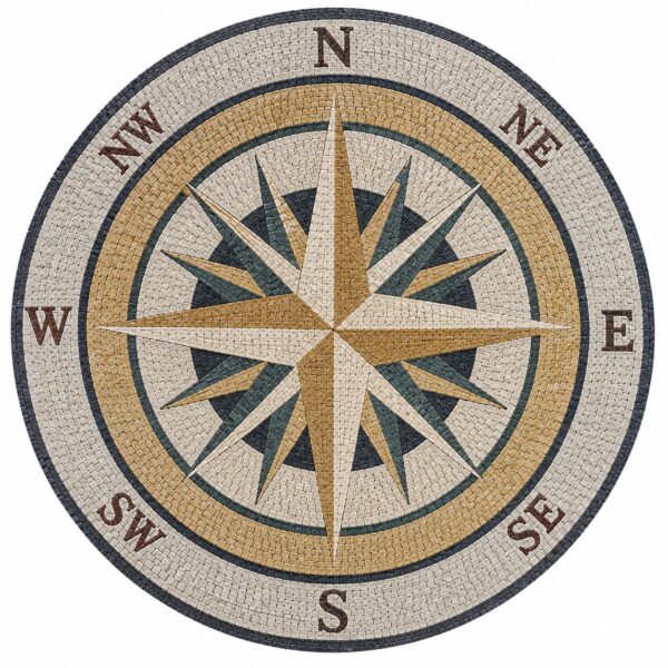 Compass Mosaic Floor Inlay - Natural Stone and Marble - Handmade Round Mosaic Tile - Entrance Decor - Indoor/Outdoor - Custom Sizes