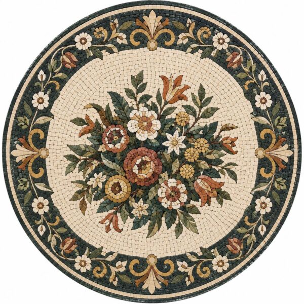 Floral Marble Mosaic Medallion | Handmade Round Stone Mosaic Art, Luxury Mediterranean Floor Inlay, Botanical Mosaic Tile Decor, Custom Size