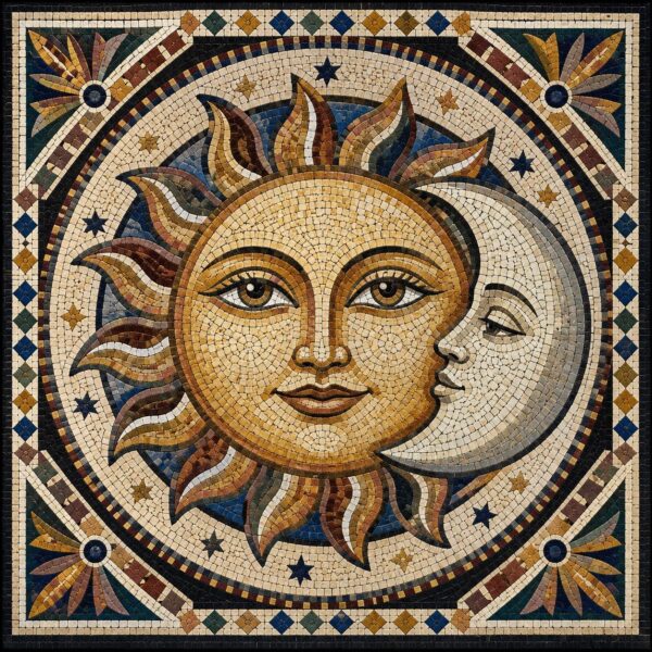 Sun and Moon Stone Mosaic | Handmade Celestial Marble Mosaic Art, Cosmic Wall & Floor Tile, Mediterranean Sun Face Mosaic Decor, Custom Size
