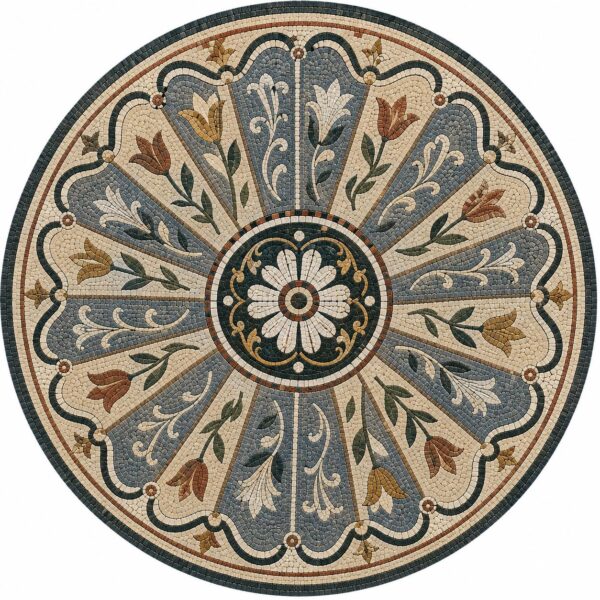 Flower Stone Mosaic Medallion | Round Handmade Marble Floor Inlay | Mediterranean Mosaic Art | Luxury Entryway, Patio & Bathroom Decor