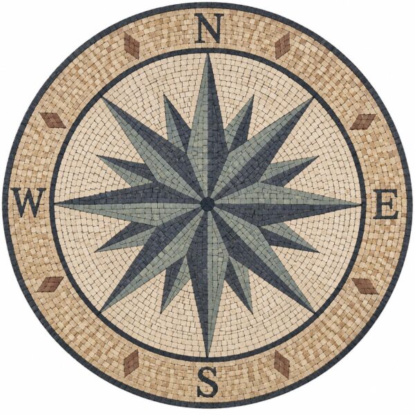 Round Compass Rose Mosaic Medallion - Natural Stone and Marble - Handmade Mosaic Tile Decor - Floor Inlay - Indoor/Outdoor - Custom Sizes