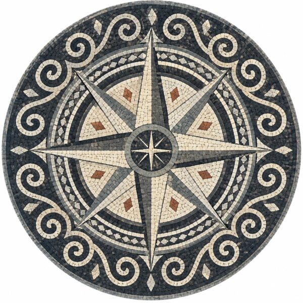 Nautical Compass Rose Stone Mosaic | Handmade Marble Floor Medallion | Mediterranean Mosaic Art | Luxury Entryway & Patio Decor
