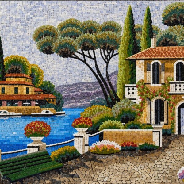 Mediterranean Villa Stone Mosaic Art | Italian Lake Landscape Mosaic | Handmade Marble Tile Wall Decor | Luxury Tuscan Garden Artwork