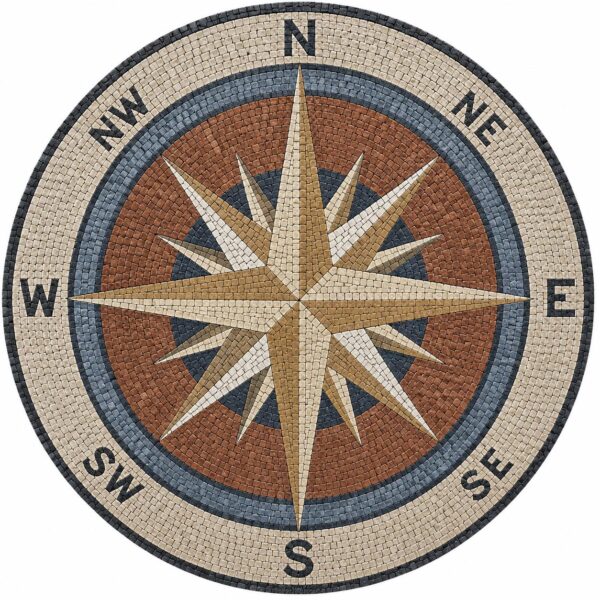 Compass Rose Mosaic Medallion - Natural Stone and Marble - Handmade Round Mosaic Tile Decor - Floor Inlay - Indoor/Outdoor - Custom Sizes