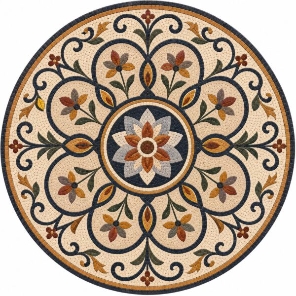Luxury Floral Stone Mosaic Medallion | Handmade Marble Floor Art | Classic European Round Mosaic Inlay for Entryway & Patio, Custom Sizes