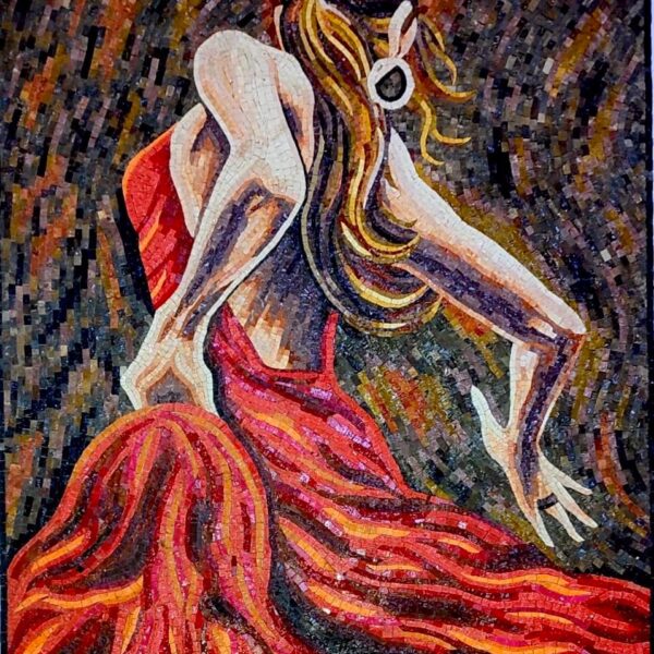 Flamenco Dancer Mosaic Art | Handmade Stone Mosaic Wall Hanging | Spanish Dance Artwork | Red Dress Mosaic Panel | Custom Marble Decoration