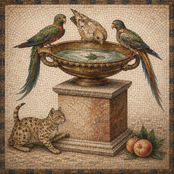 Handmade Stone Mosaic Parrots at Bird Bath | Tropical Birds Marble Mosaic | Exotic Wildlife Wall Art | Indoor Outdoor Natural Stone Decor
