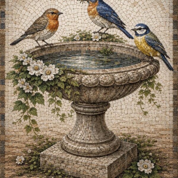 Handmade Stone Mosaic Bird Bath with Bluebird & Robin | Natural Marble Garden Birds Wall Art | Floral Mosaic Panel | Indoor Outdoor Decor