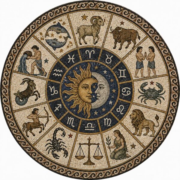 Zodiac Mosaic Medallion | Handmade Horoscope Stone Mosaic | Astrology Circle Floor & Wall Art | 12 Zodiac Signs | Custom Marble Mosaic