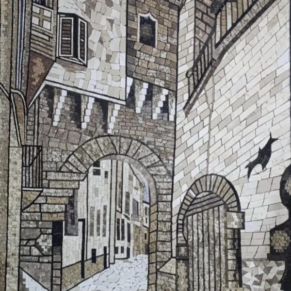 Italian Old Town Street Stone Mosaic | Handmade Mediterranean Village Wall Art | Rustic European Architecture Mosaic | Custom Marble Mosaic
