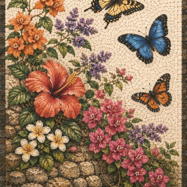 Flower Butterfly Stone Mosaic Wall Art - Handmade Floral Garden Mosaic Panel, Nature Decor, Indoor Outdoor Mosaic Artwork