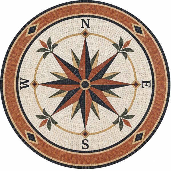 Compass Rose Mosaic Inlay - Natural Stone and Marble - Handmade Mosaic Tile Decor - Round Floor Medallion - Indoor/Outdoor - Custom Sizes