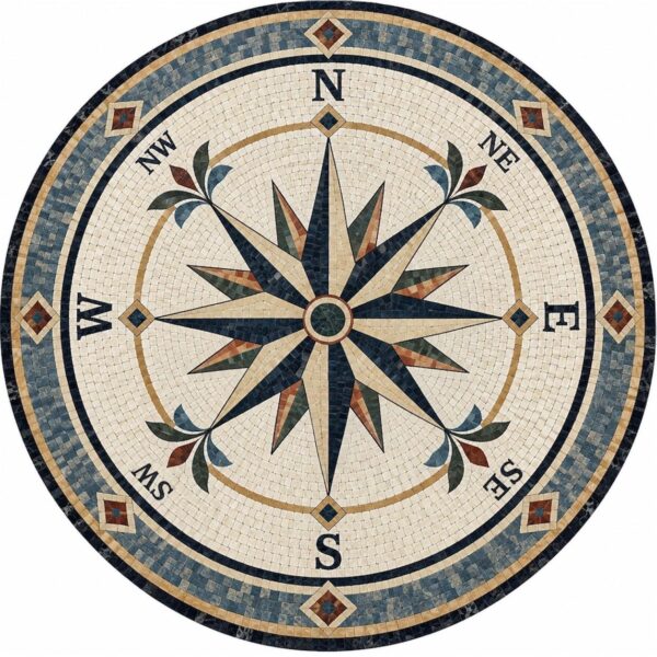 Stone Mosaic Compass Rose - Handmade Nautical Round Floor Medallion - Natural Tiles - Home Decoration - Indoor/Outdoor - Custom Sizes