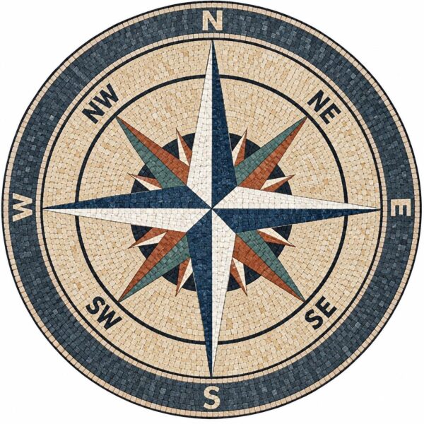 Grey Compass Rose Mosaic Medallion - Handmade Nautical Floor Inlay - Natural Stone Tiles - Home Decoration - Indoor/Outdoor - Custom Sizes