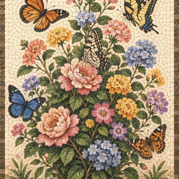 Butterfly & Flower Stone Mosaic Wall Art - Handmade Floral Mosaic Panel, Botanical Garden Decor, Indoor/Outdoor Mosaic Art, Custom Sizes