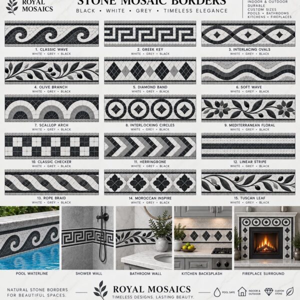 Black and White Stone Mosaic Border Tile - Custom Natural Stone Decorative Border - Pool Waterline, Shower, Bathroom, Kitchen & Fireplace