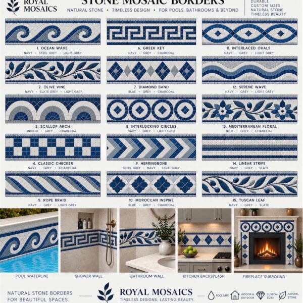 Blue and Grey Stone Mosaic Border Tile - Custom Natural Stone Decorative Border - Pool Waterline, Shower, Bathroom, Kitchen & Fireplace