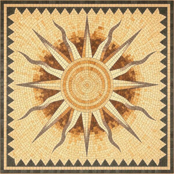 Compass Rose Sun Stone Mosaic Medallion | Handmade Floor & Wall Marble Mosaic | Nautical Sunburst Tile Art | Entryway Decor