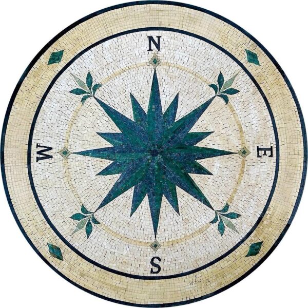 Compass Rose Mosaic Medallion - Natural Stone and Marble - Handmade Mosaic Tile Decor - Round Floor Inlay - Indoor/Outdoor - Custom Sizes