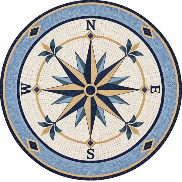 Handmade Compass Rose Medallion - Grey Nautical Round Floor Mosaic - Natural Stone Tiles - Home Decoration - Indoor/Outdoor - Custom Sizes