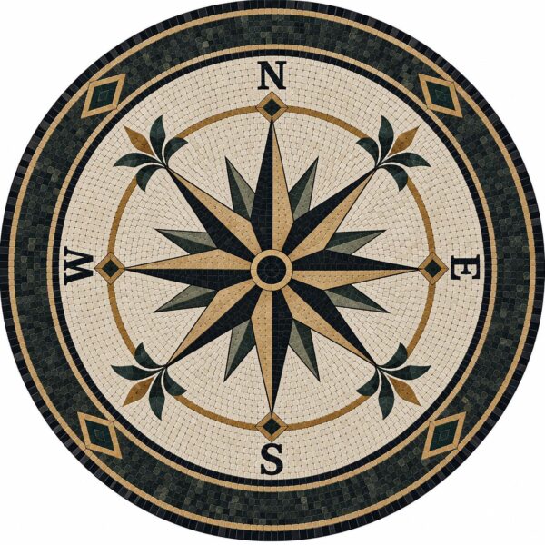 Black Compass Rose Medallion - Handmade Nautical Round Floor Mosaic - Natural Stone Tiles - Home Decoration - Indoor/Outdoor - Custom Sizes
